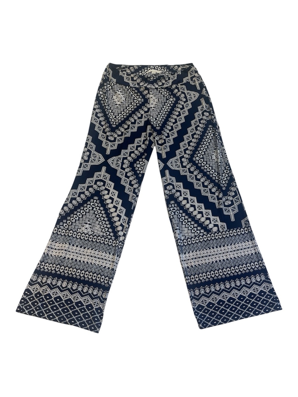 HELENE CLARKSON🇨🇦 Wide-Leg Printed Palazzo Pants Sz L Navy White Elastic Waist
